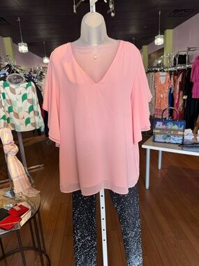 Zenana Outfitters Soft Pink V-Neck Flutter Sleeve Blouse